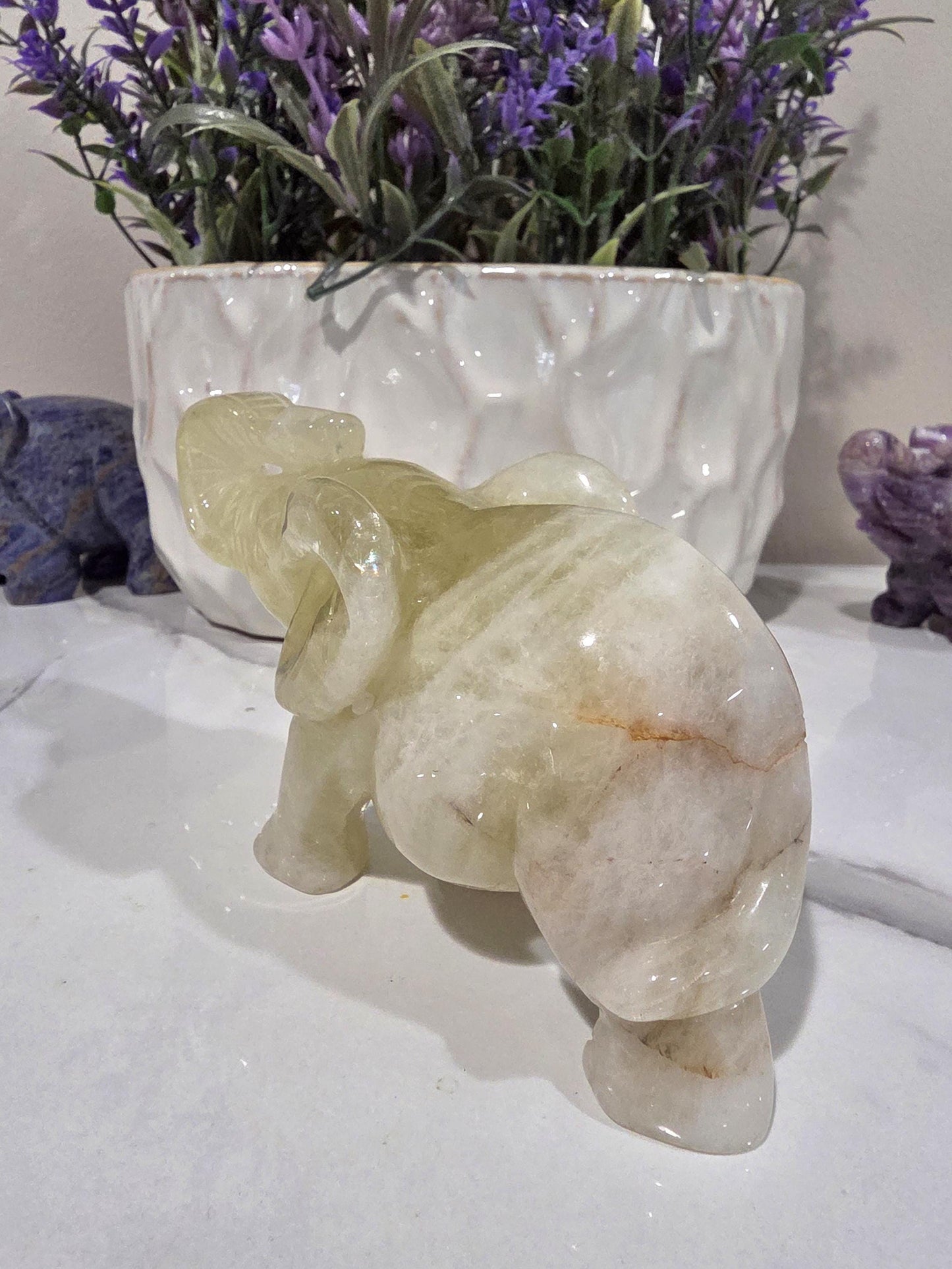 Hand Carved Yellow Calcite Elephant Figurine, Polished Crystal Animal Decor