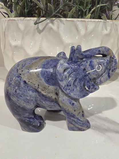 Blue Sodalite Elephant Carving | Hand Carved Crystal Statue, Wisdom Stone Decor