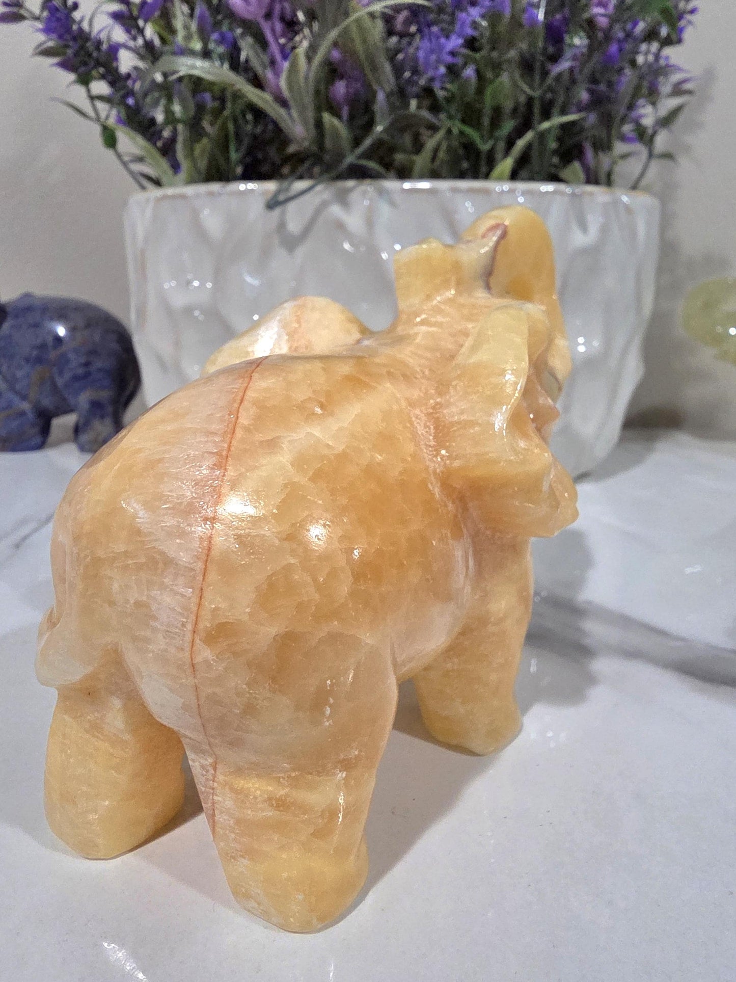 Hand Carved Orange Calcite Elephant | Natural Crystal Decor, Good Luck Stone