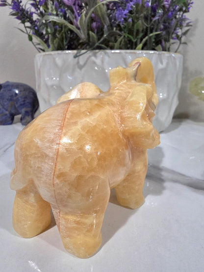Hand Carved Orange Calcite Elephant | Natural Crystal Decor, Good Luck Stone