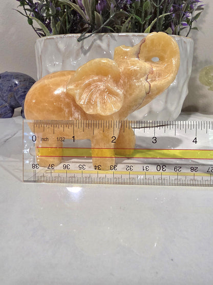 Hand Carved Orange Calcite Elephant | Natural Crystal Decor, Good Luck Stone