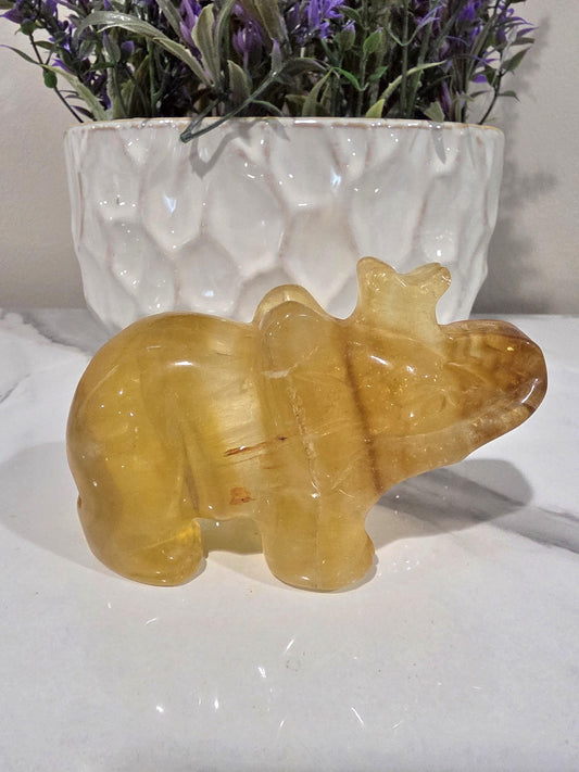Golden Fluorite Elephant Carving | Hand Carved Crystal Elephant |