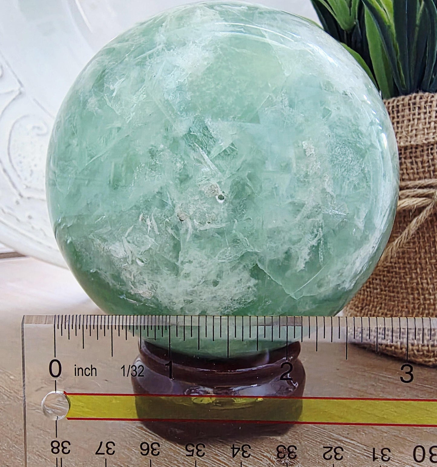 Large Polished Green Fluorite Sphere – Cloud-like Inclusions, Calming Energy, Statement Decor