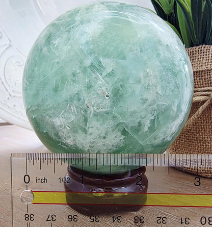 Large Polished Green Fluorite Sphere – Cloud-like Inclusions, Calming Energy, Statement Decor