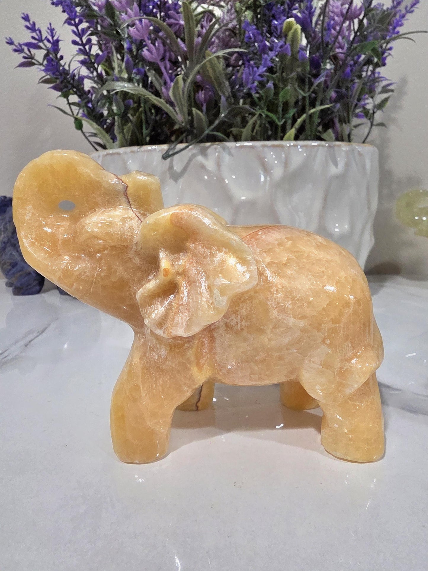 Hand Carved Orange Calcite Elephant | Natural Crystal Decor, Good Luck Stone