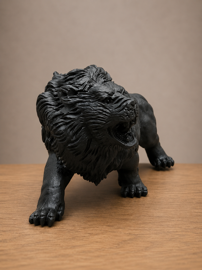 Large Black Obsidian Lion Carving | Roaring Lion Crystal Sculpture | Hand Carved Obsidian Lion | Black Stone Animal Décor