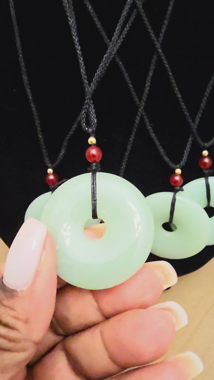 Natural Jade Donut Pendant Necklace | Green Jade Disc Necklace | Red Bead Accent | Adjustable Black Cord | Jade Jewelry