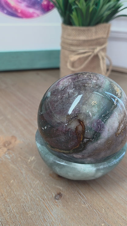 Polychrome Jasper Sphere with Green Fluorite Bowl Stand | 2.5" Natural Crystal Display Set | Collector Mineral Décor