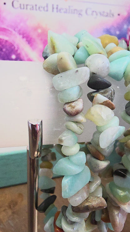 Natural Amazonite Chip Bracelet | Multicolor Blue Green Gemstone Stretch Bracelet | Boho Stone Jewelry