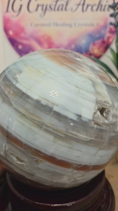 Large Banded Agate Sphere with Druzy | 3" Natural Polished Agate Crystal Ball | Gray White & Caramel Display Sphere | Exact Stone