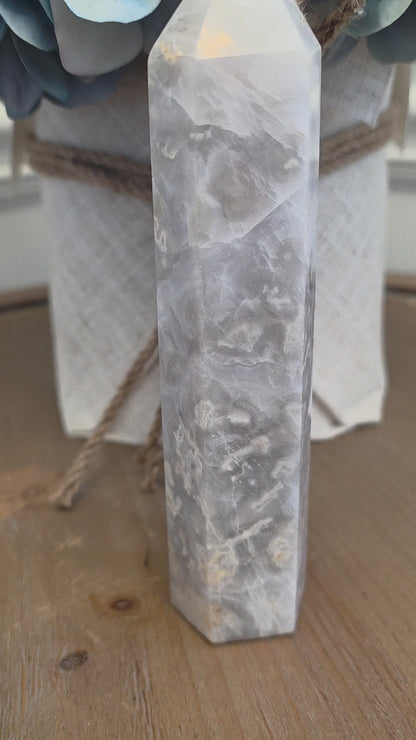 Gray Flower Agate Tower 6” | White Gray Polished Crystal Point | Natural Cloudy Agate Stone Décor | IG Crystal Archive