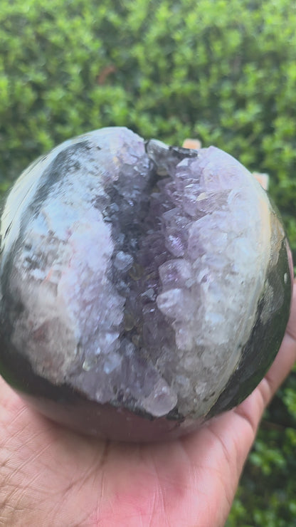 Natural Amethyst Geode Sphere | Polished Exterior Druzy Crystal Ball, Statement Decor