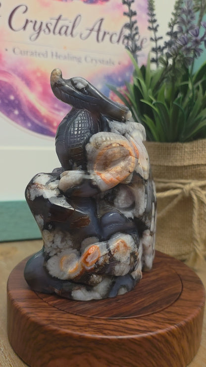Large Agate Dragon Crystal Carving with Flower | Dark Gray Chalcedony Dragon | Hand Carved Crystal Dragon | Fantasy Crystal Decor