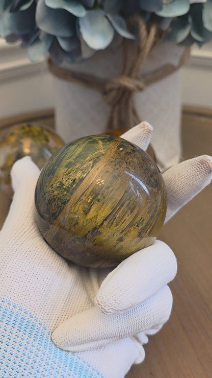 Natural Pietersite Sphere 55mm – Golden Blue Brown Polished Crystal Ball, Stormy Statement Décor, Unique Collector Mineral