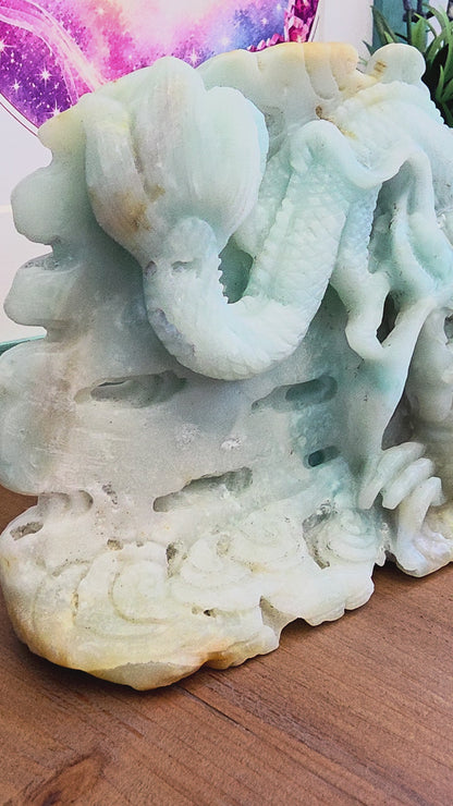 Large Blue Green Crystal Dragon Carving | Natural Stone Chinese Dragon Sculpture | 9 Inch Hand Carved Statement Decor