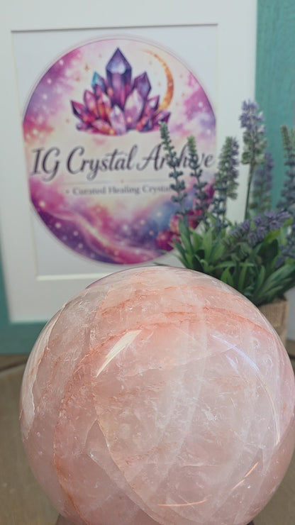 Large Pink Calcite Sphere 4" | Natural Mangano Calcite Crystal Sphere with Stand | Polished Pink Stone Home Décor