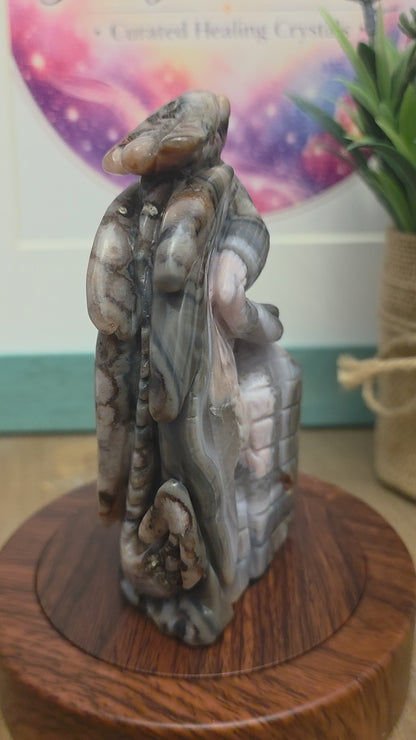 Crazy Lace Agate Druzy Dragon Carving | Gray Pink Crystal Dragon | Large Natural Agate Fantasy Sculpture