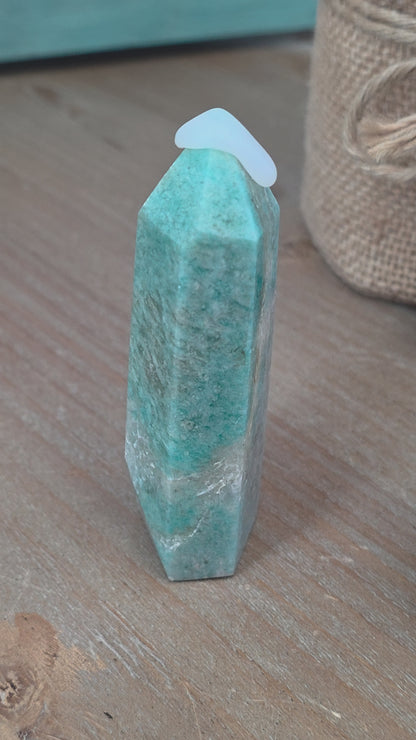 Amazonite Gift Set with Opalite Sphere | Crystal Tower, Heart & Display Stand | Decorative Crystal Collection