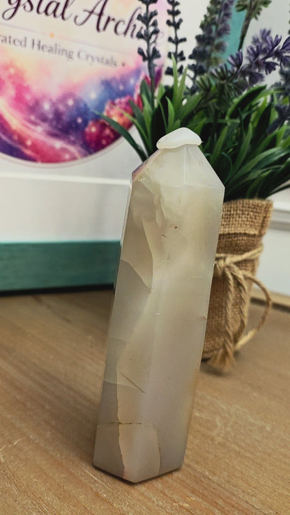 Natural Druzy Agate Tower | Polished Banded Agate Crystal Point with Quartz Druzy | Grey & Cream Agate Decor | One-of-a-Kind Mineral Specimen