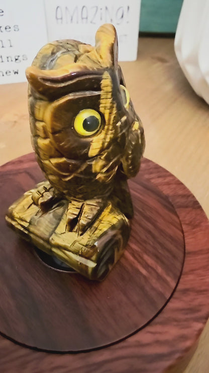 Tiger’s Eye Owl Crystal Carving | 3" Hand-Carved Gemstone Owl on Log | Natural Stone Home Décor