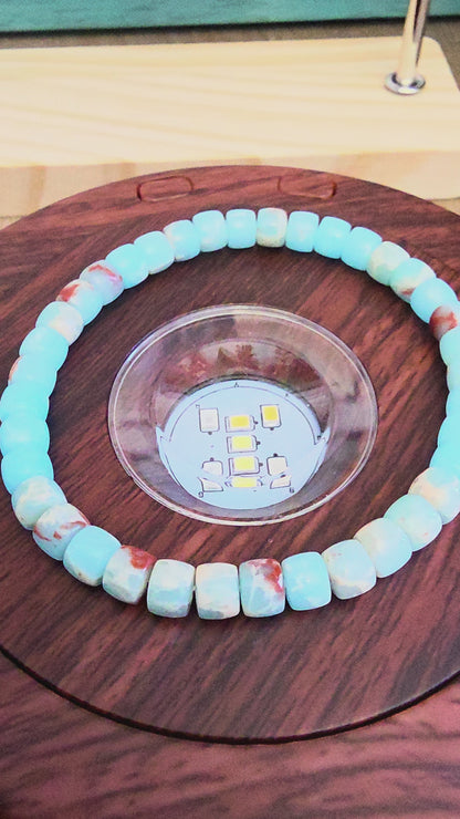 Blue & Red Natural Stone Barrel Bead Bracelet | Aqua Blue Gemstone Stretch Bracelet | Polished Stone Jewelry | IG Crystal Archive