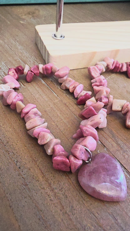 Natural Rhodonite Chip Bracelet with Pink Crystal Heart Charm | Genuine Stone Stretch Bracelet | Pink Gemstone Jewelry
