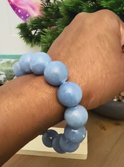 Natural Blue Calcite Bracelet | Oversized Blue Stone Beads | Chunky Gemstone Stretch Bracelet | Statement Crystal Jewelry