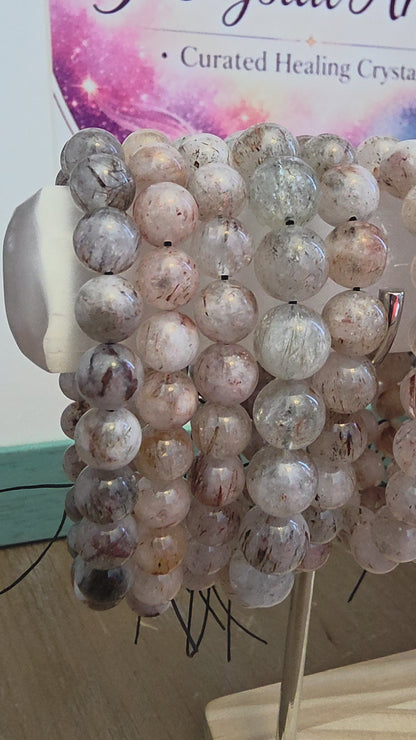 Natural Included Quartz Bracelet | Red & Copper Inclusion Quartz | Clear Gemstone Beaded Bracelet | Natural Stone Jewelry