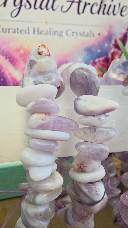 Lavender Crystal Chip Bracelet | Purple & White Natural Stone Stretch Bracelet | Polished Gemstone Jewelry | IG Crystal Archive