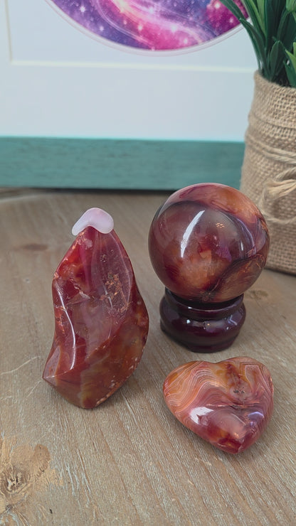 Carnelian Crystal Gift Set | Carnelian Sphere, Flame, Heart & Wooden Display Stand | 4-Piece Decorative Crystal Collection