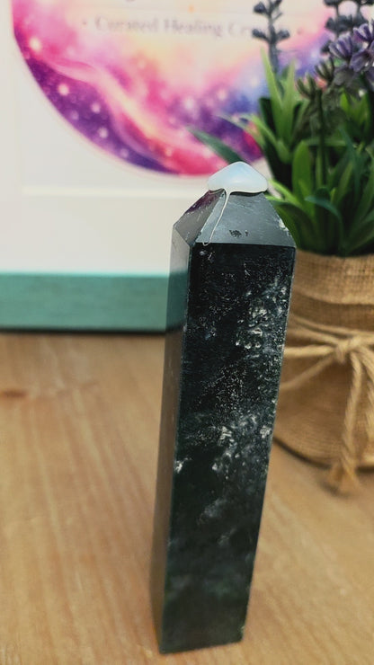 Natural Moss Agate Crystal Tower | Polished Green Moss Agate Point | 5" Decorative Crystal Tower | One-of-a-Kind Mineral Specimen