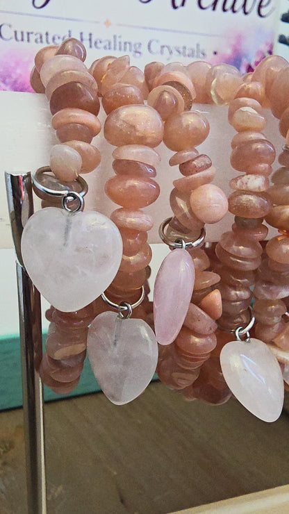 Peach Moonstone Chip Bracelet with Rose Quartz Heart Charm | Natural Pink Peach Gemstone Stretch Bracelet | Crystal Jewelry