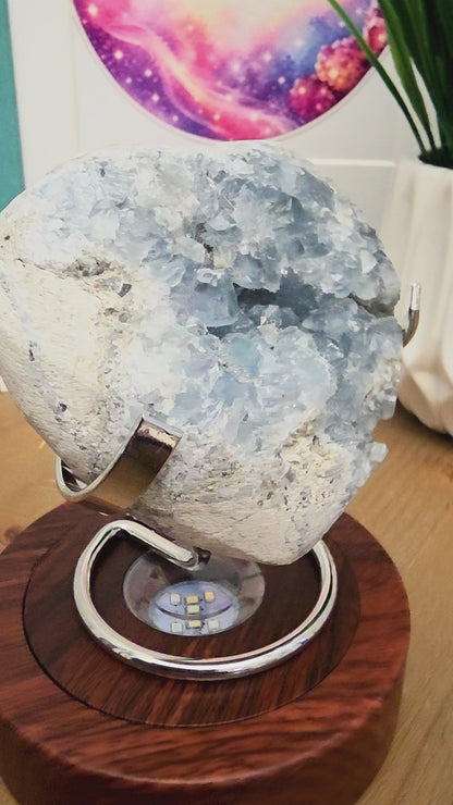 Natural Blue Celestite Crystal Cluster on Silver Stand | Raw Celestine Geode | Blue Crystal Home Décor